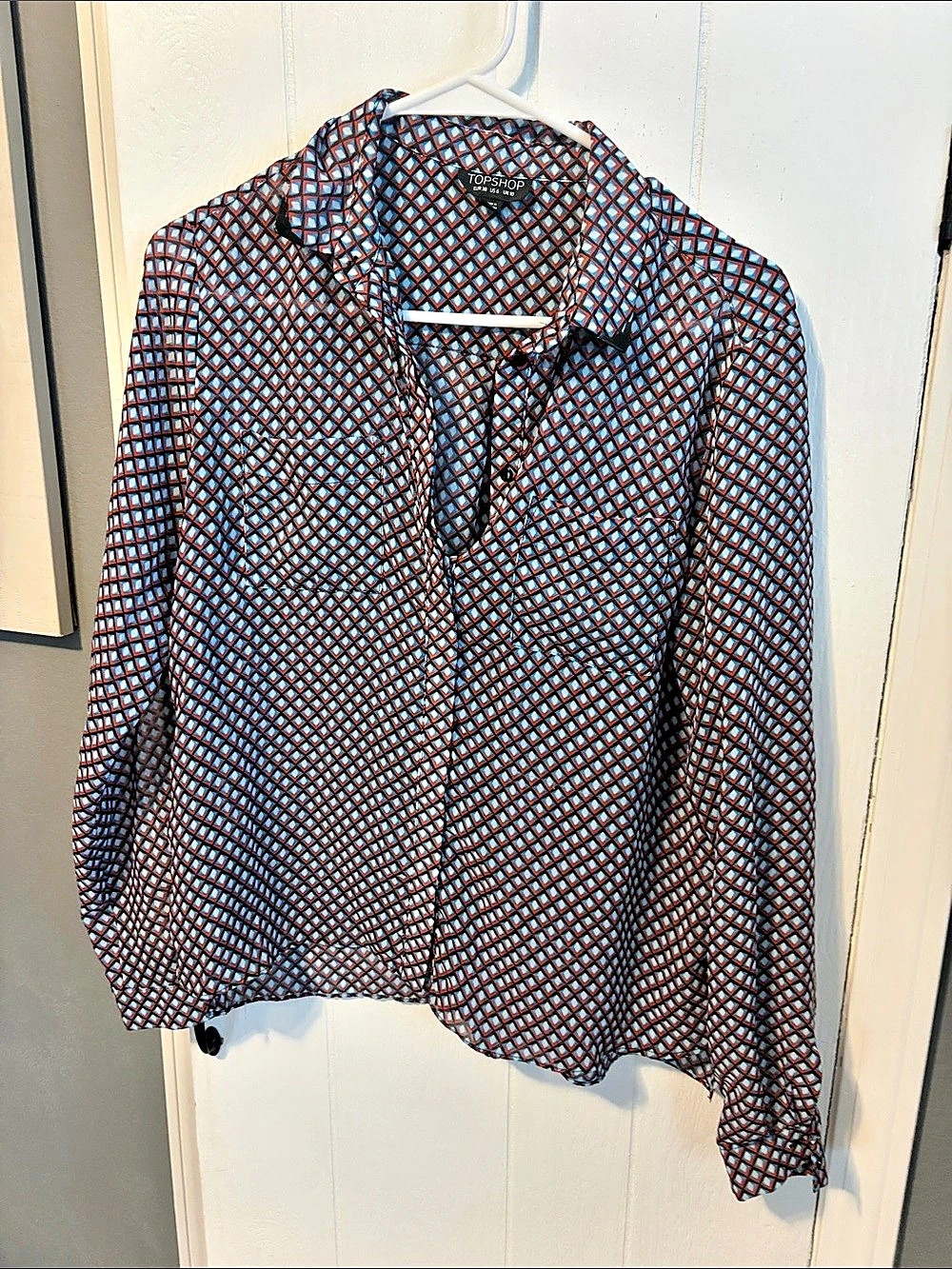Topshop Geometric Button Down in Black & Red